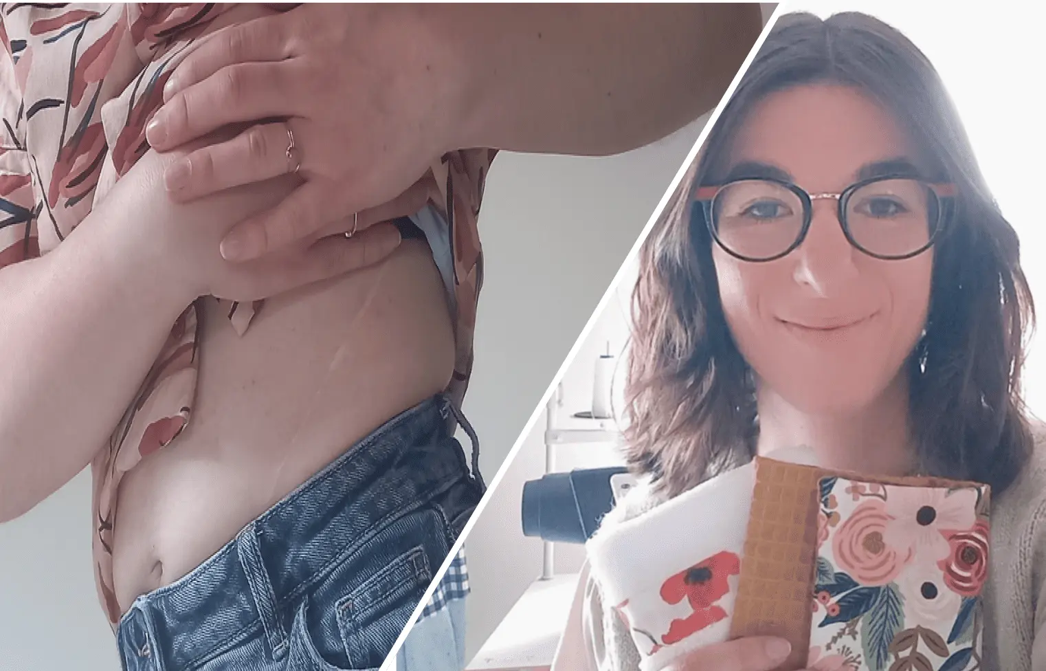 Bannière en deux parties : à gauche, une protection lavable claire ajustée à la taille d'un jean sous un haut à fleurs ; à droite, la créatrice de Cocon Couture, souriante et à lunettes, tenant plusieurs créations en tissu fleuri et en éponge dans son atelier de couture.