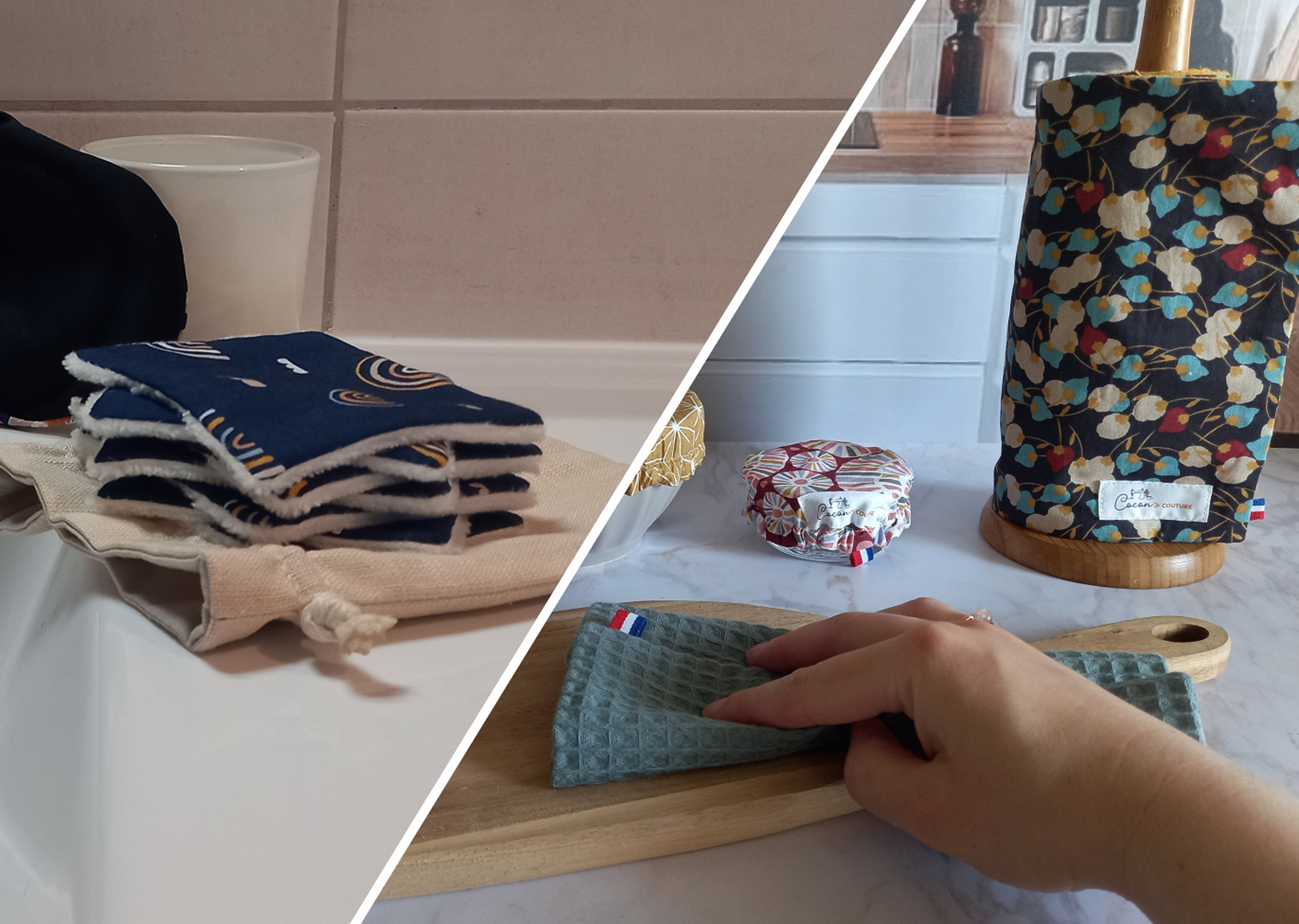 Bannière déstockage Cocon Couture en deux parties : des carrés démaquillants lavables pliés dans une salle de bain, et un rouleau essuie-tout lavable, un couvre-bol et une main nettoyant une planche en bois avec une feuille essuie-tout dans une cuisine