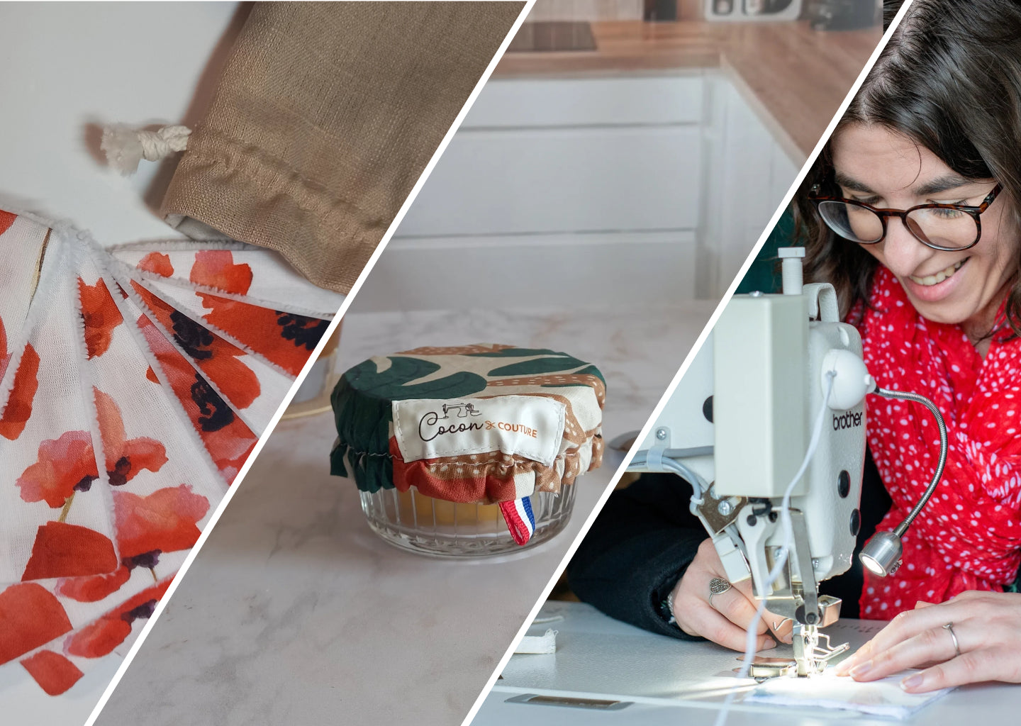 Bannière en trois parties : à gauche, des carrés démaquillants lavables à coquelicots disposés en éventail près d'un pochon en lin ; au centre, une charlotte alimentaire lavable à feuilles de palmier couvrant un ramequin en verre, avec l'étiquette Cocon Couture ; à droite, la créatrice de Cocon Couture, souriante et à lunettes, cousant une création à la machine à coudre dans son atelier.